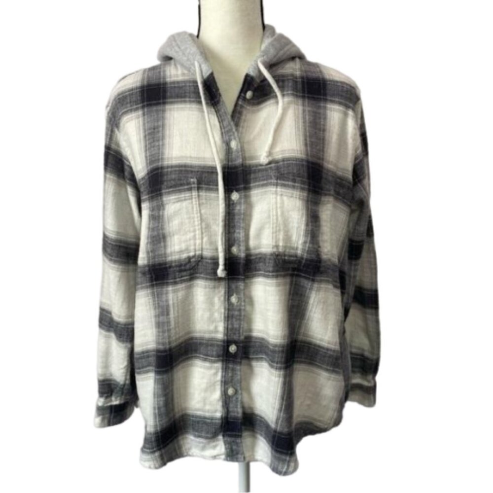 American Eagle Plaid Flannel Distressed Button Down Hoodie Sz. S #1498